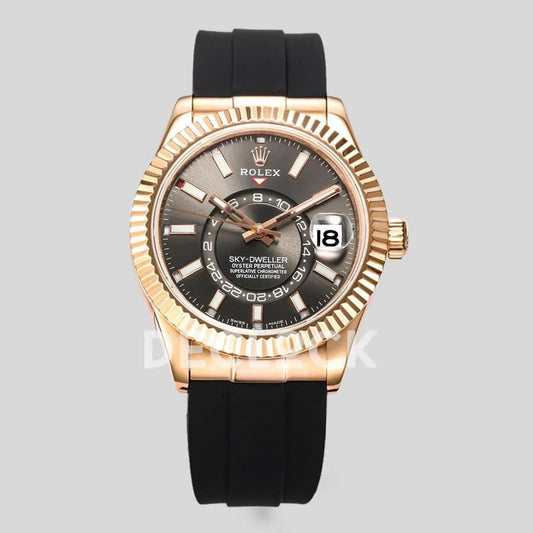 Replica Rolex Sky Dweller Rose Gold in Gray Dial on Black Rubber Strap | Declock.