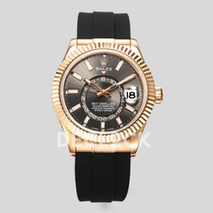 Replica Rolex Sky Dweller Rose Gold in Gray Dial on Black Rubber Strap