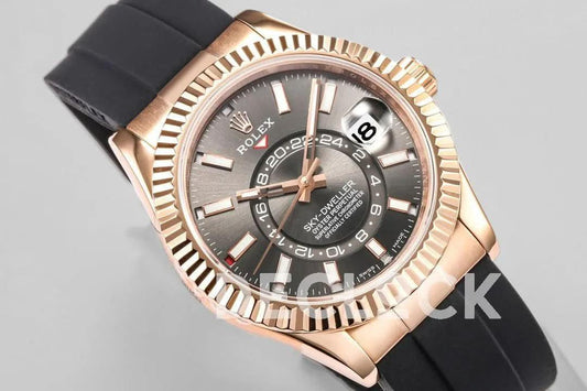 Replica Rolex Sky Dweller Rose Gold in Gray Dial on Black Rubber Strap | Declock.