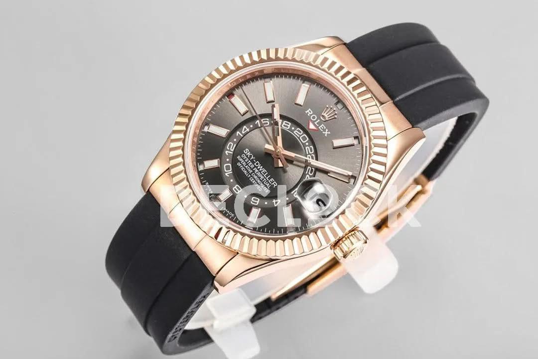 Replica Rolex Sky Dweller Rose Gold in Gray Dial on Black Rubber Strap |  Declock.