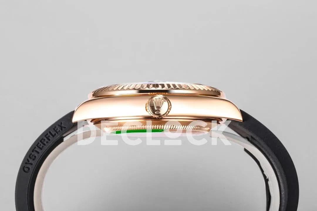 Replica Rolex Sky Dweller Rose Gold in Gray Dial on Black Rubber Strap |  Declock.