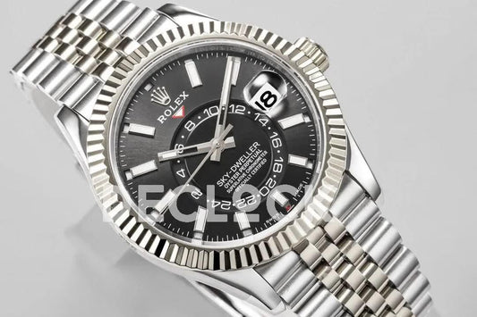 Replica Rolex Sky Dweller Steel in Black Dial on Jubilee Bracelet | Declock.