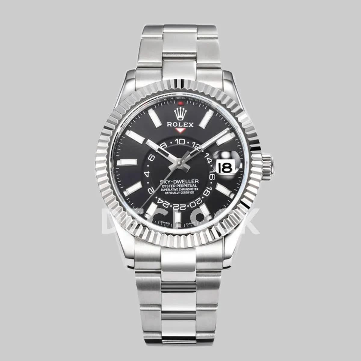 Replica Rolex Sky Dweller Steel in Black Dial on Oyster Bracelet |  Declock.