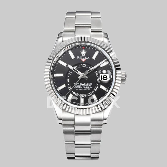 Replica Rolex Sky Dweller Steel in Black Dial on Oyster Bracelet |  Declock.