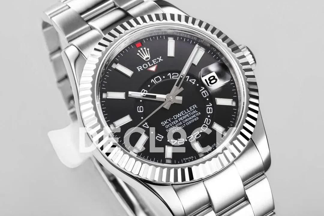 Replica Rolex Sky Dweller Steel in Black Dial on Oyster Bracelet |  Declock.