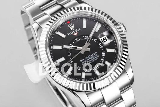 Replica Rolex Sky Dweller Steel in Black Dial on Oyster Bracelet |  Declock.