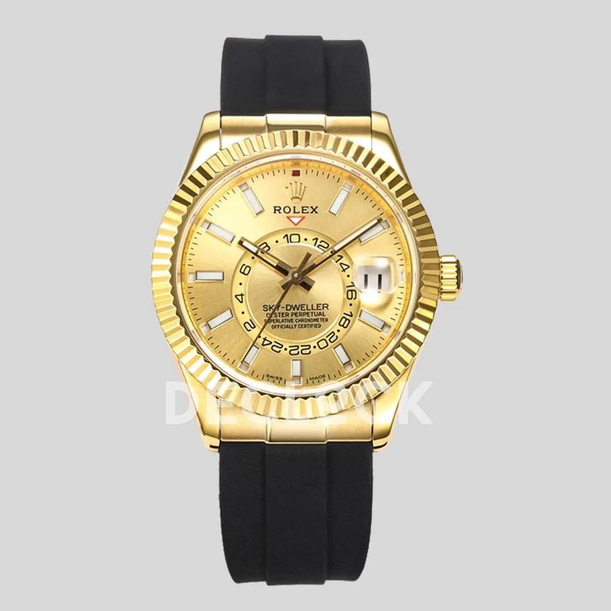 Replica Rolex Sky Dweller Yellow Gold in Gold Dial on Black Rubber Strap |  Declock.
