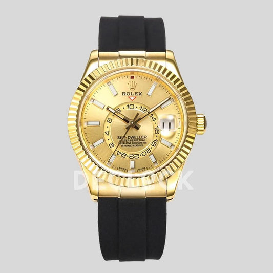 Replica Rolex Sky Dweller Yellow Gold in Gold Dial on Black Rubber Strap | Declock.