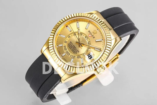 Replica Rolex Sky Dweller Yellow Gold in Gold Dial on Black Rubber Strap | Declock.