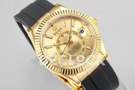Replica Rolex Sky Dweller Yellow Gold in Gold Dial on Black Rubber Strap | Declock.