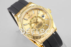 Replica Rolex Sky Dweller Yellow Gold in Gold Dial on Black Rubber Strap