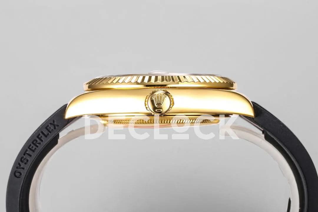 Replica Rolex Sky Dweller Yellow Gold in Gold Dial on Black Rubber Strap