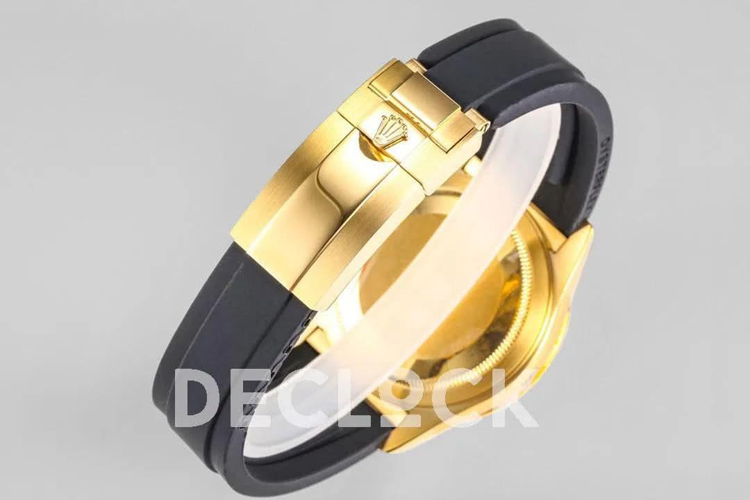 Replica Rolex Sky Dweller Yellow Gold in Gold Dial on Black Rubber Strap |  Declock.