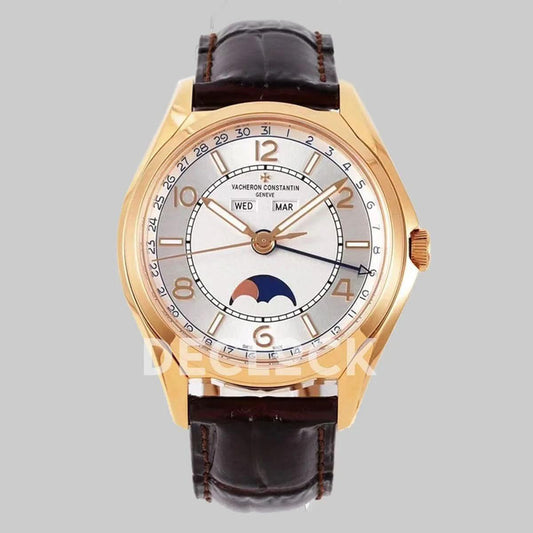 Replica Vacheron Constantin Fiftysix Complete Calendar on Rose Gold White Dial on Brown Leather Strap | Declock.