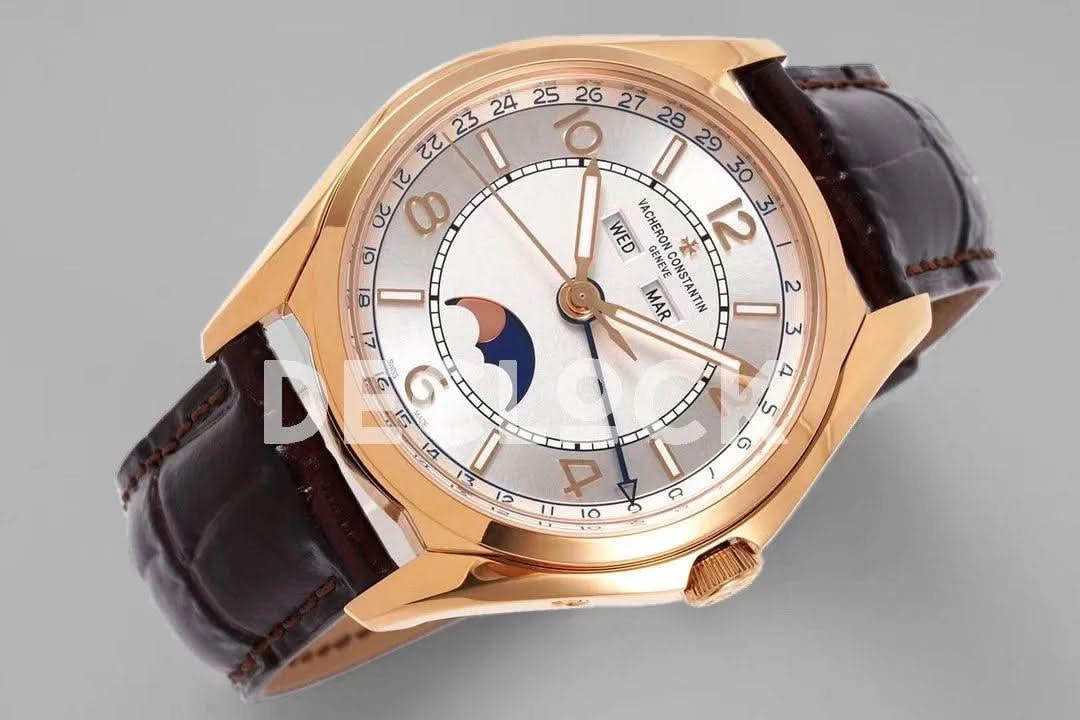 Replica Vacheron Constantin Fiftysix Complete Calendar on Rose Gold White Dial on Brown Leather Strap |  Declock.