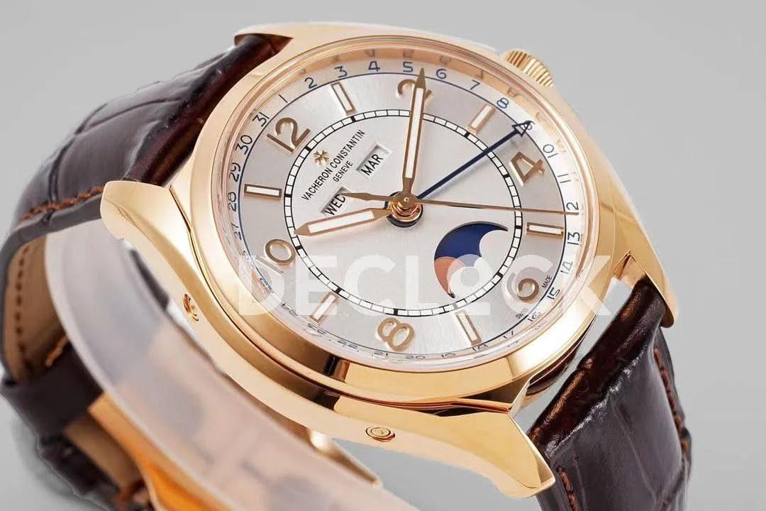 Replica Vacheron Constantin Fiftysix Complete Calendar on Rose Gold White Dial on Brown Leather Strap |  Declock.