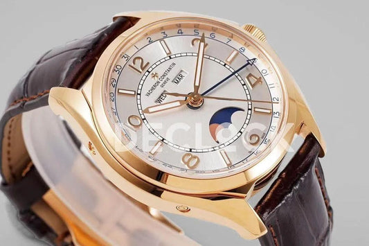 Replica Vacheron Constantin Fiftysix Complete Calendar on Rose Gold White Dial on Brown Leather Strap | Declock.