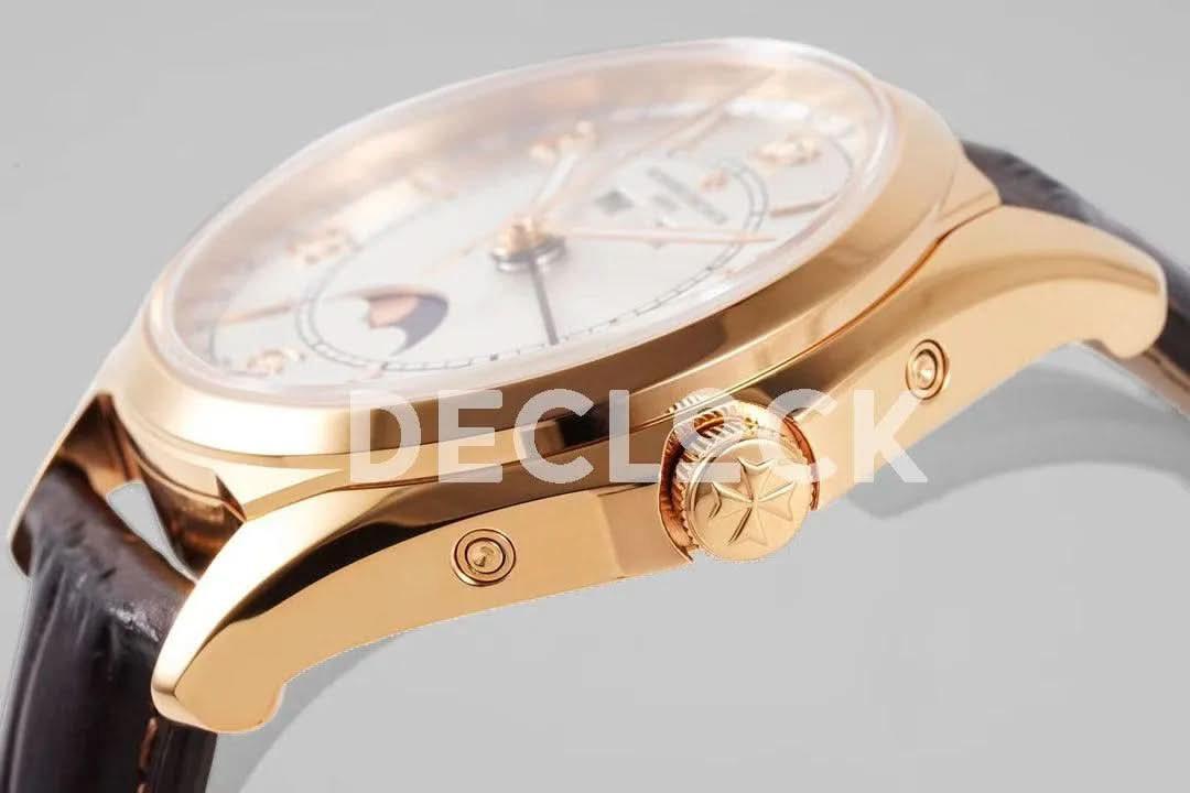 Replica Vacheron Constantin Fiftysix Complete Calendar on Rose Gold White Dial on Brown Leather Strap |  Declock.