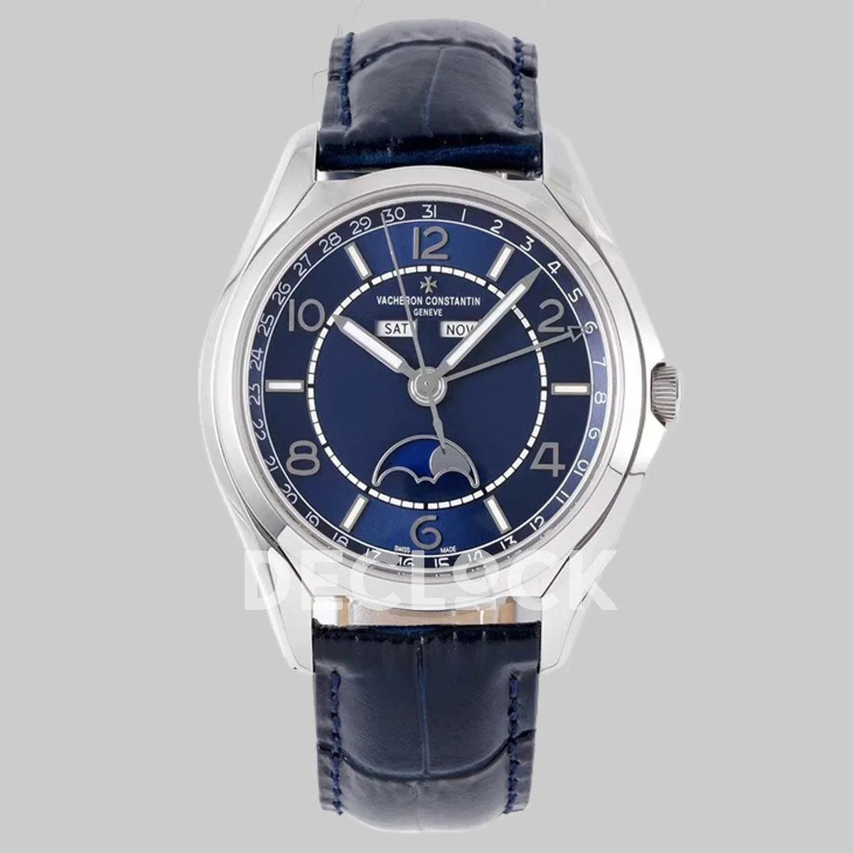 Replica Vacheron Constantin Fiftysix Complete Calendar on Steel Blue Dial on Blue Leather Strap