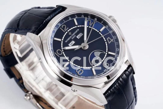 Replica Vacheron Constantin Fiftysix Complete Calendar on Steel Blue Dial on Blue Leather Strap | Declock.