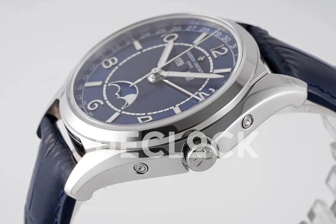 Replica Vacheron Constantin Fiftysix Complete Calendar on Steel Blue Dial on Blue Leather Strap