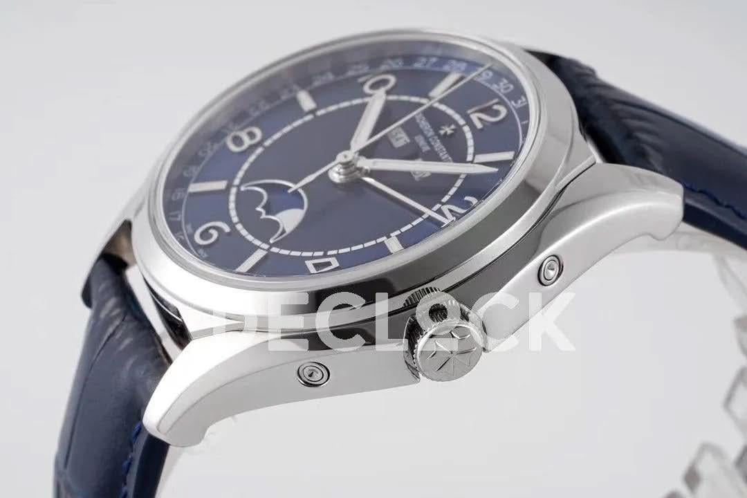 Replica Vacheron Constantin Fiftysix Complete Calendar on Steel Blue Dial on Blue Leather Strap |  Declock.