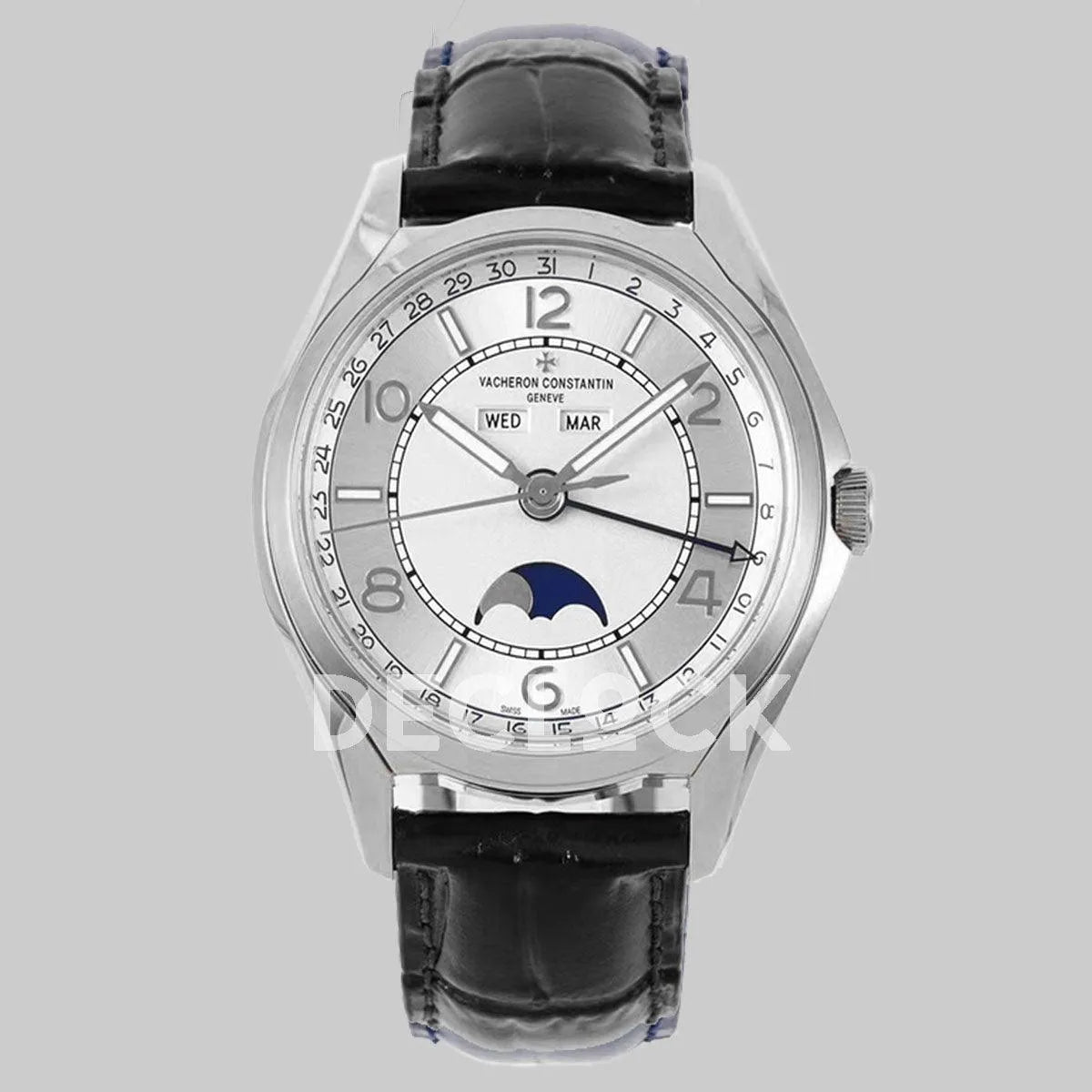 Replica Vacheron Constantin Fiftysix Complete Calendar on Steel White Dial on Black Leather Strap