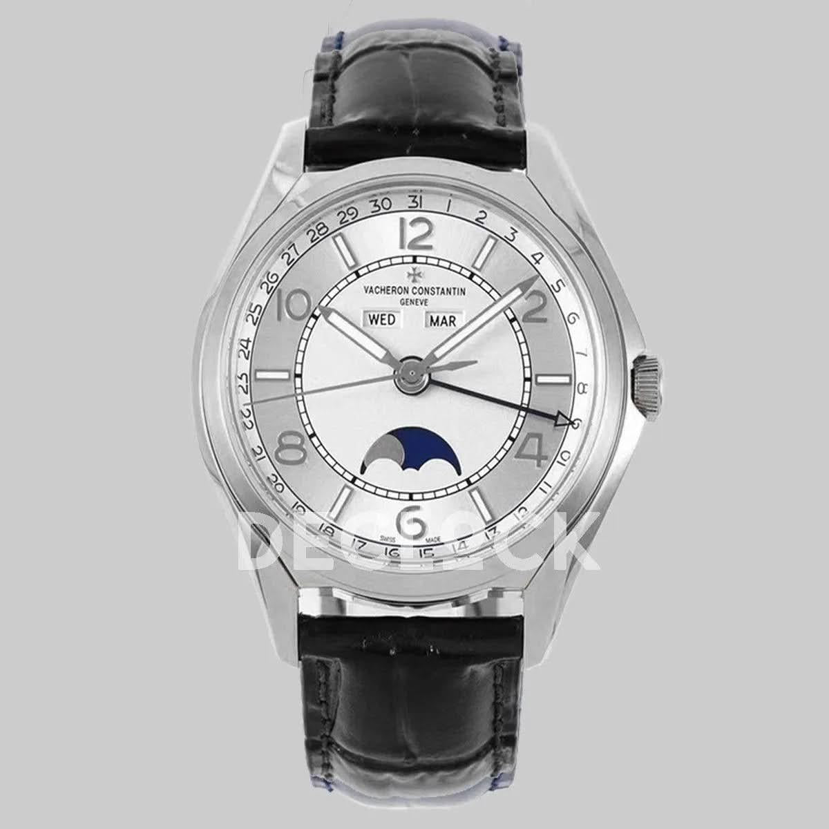 Replica Vacheron Constantin Fiftysix Complete Calendar on Steel White Dial on Black Leather Strap |  Declock.