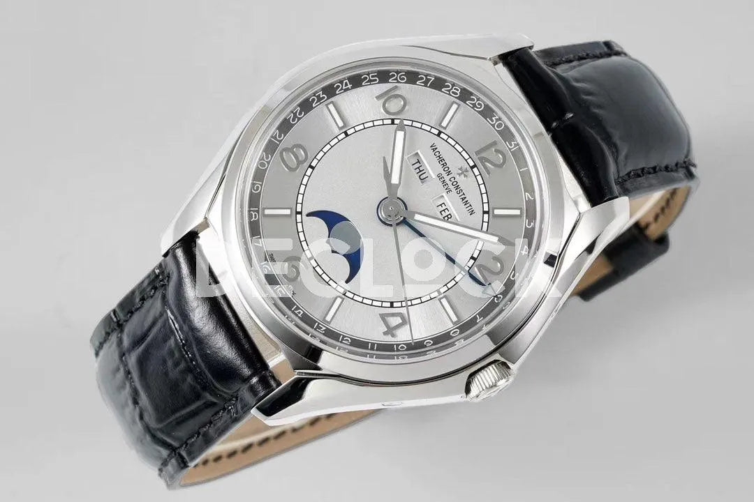 Replica Vacheron Constantin Fiftysix Complete Calendar on Steel White Dial on Black Leather Strap