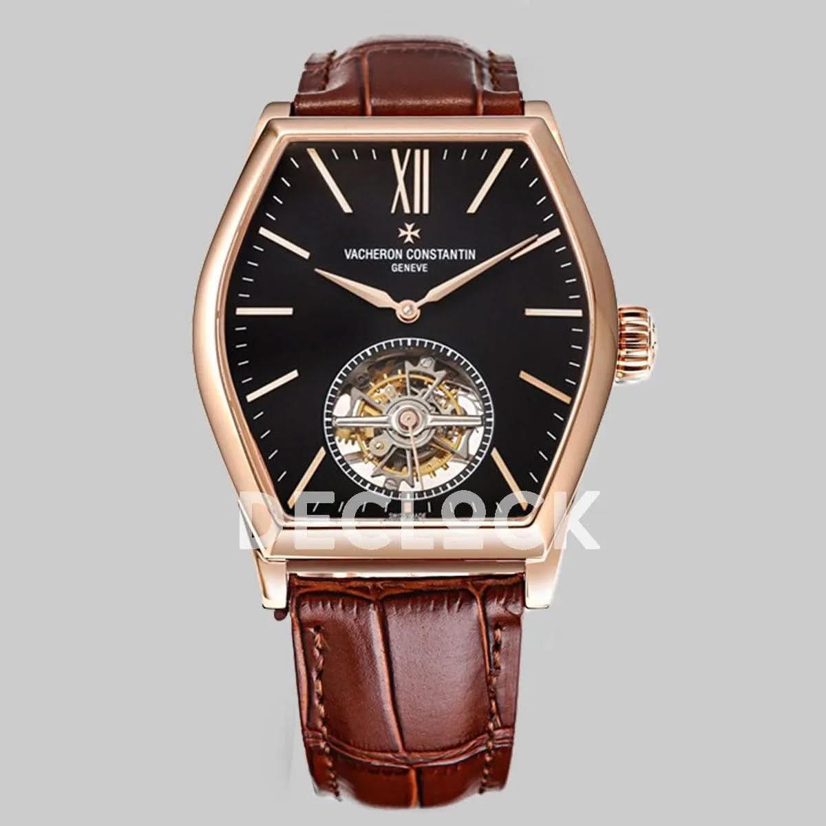 Replica Vacheron Constantin Malte Tourbillon Rose Gold on Black Dial on Brown Croco Leather Strap |  Declock.