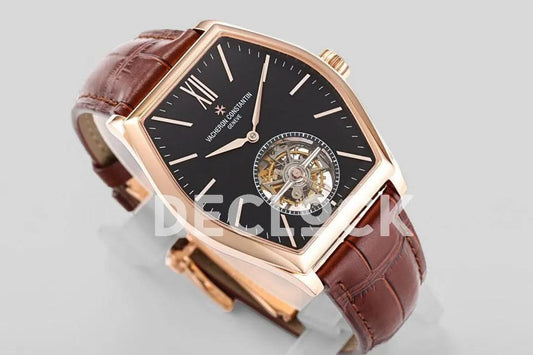 Replica Vacheron Constantin Malte Tourbillon Rose Gold on Black Dial on Brown Croco Leather Strap | Declock.