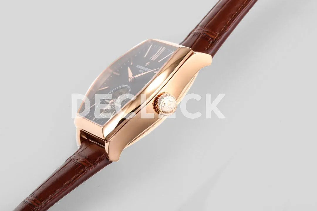 Replica Vacheron Constantin Malte Tourbillon Rose Gold on Black Dial on Brown Croco Leather Strap