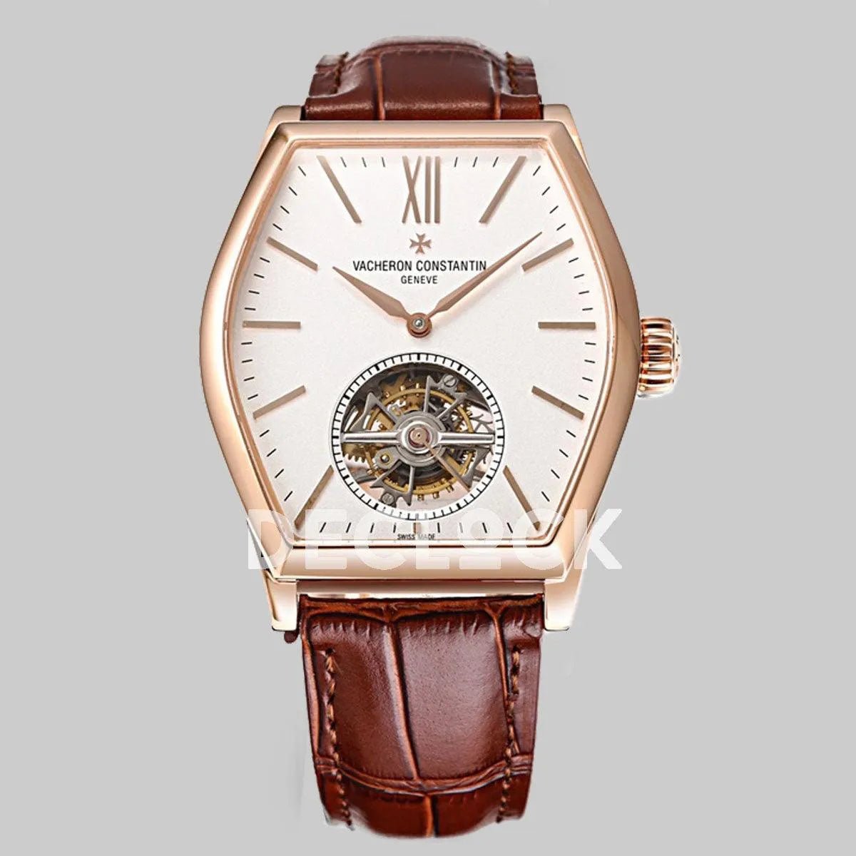 Replica Vacheron Constantin Malte Tourbillon Rose Gold on White Dial on Brown Croco Leather Strap