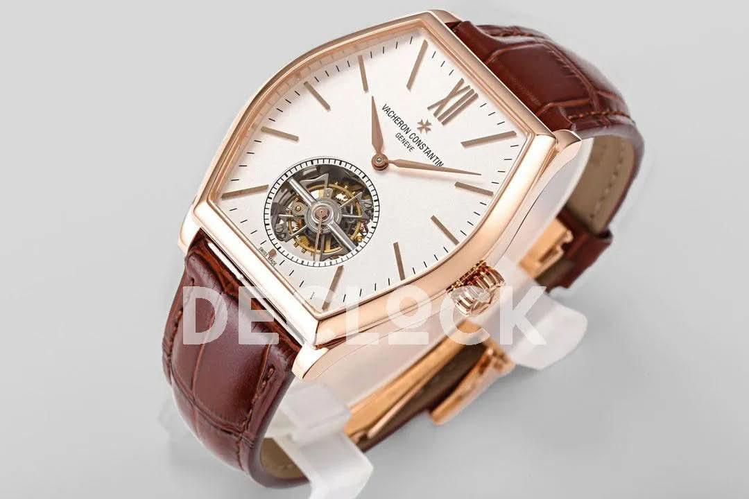 Replica Vacheron Constantin Malte Tourbillon Rose Gold on White Dial on Brown Croco Leather Strap |  Declock.