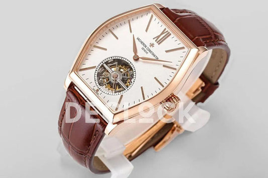 Replica Vacheron Constantin Malte Tourbillon Rose Gold on White Dial on Brown Croco Leather Strap | Declock.
