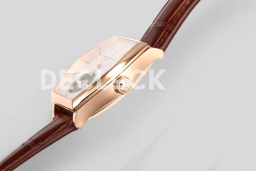 Replica Vacheron Constantin Malte Tourbillon Rose Gold on White Dial on Brown Croco Leather Strap |  Declock.
