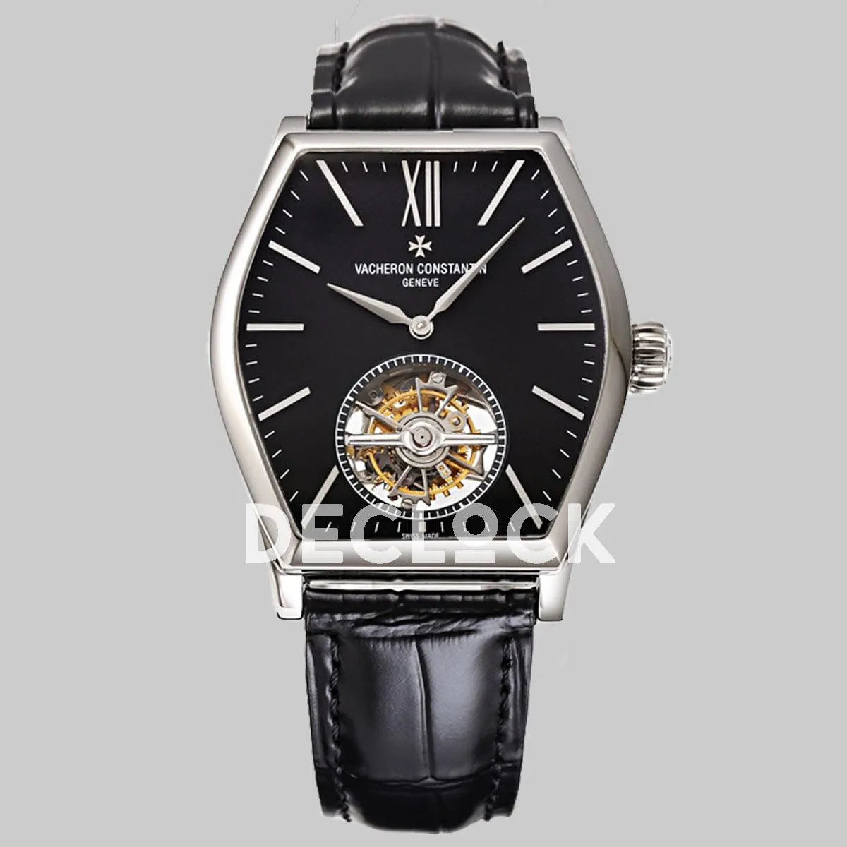 Replica Vacheron Constantin Malte Tourbillon Steel on Black Dial on Black Croco Leather Strap