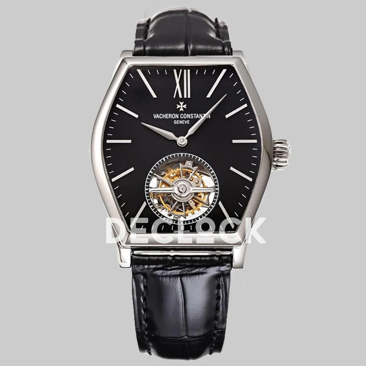 Replica Vacheron Constantin Malte Tourbillon Steel on Black Dial on Black Croco Leather Strap |  Declock.