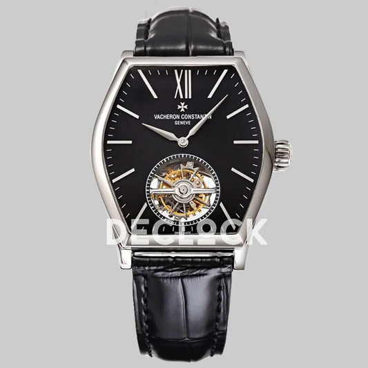 Replica Vacheron Constantin Malte Tourbillon Steel on Black Dial on Black Croco Leather Strap | Declock.