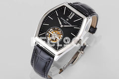 Replica Vacheron Constantin Malte Tourbillon Steel on Black Dial on Black Croco Leather Strap