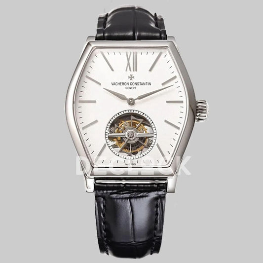Replica Vacheron Constantin Malte Tourbillon Steel on White Dial on Black Croco Leather Strap | Declock.