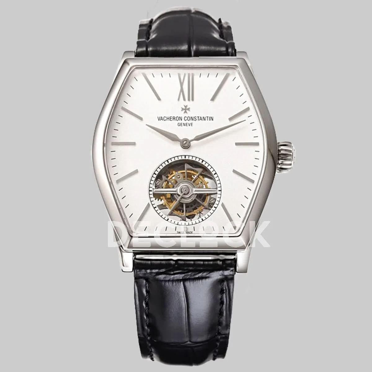 Replica Vacheron Constantin Malte Tourbillon Steel on White Dial on Black Croco Leather Strap |  Declock.