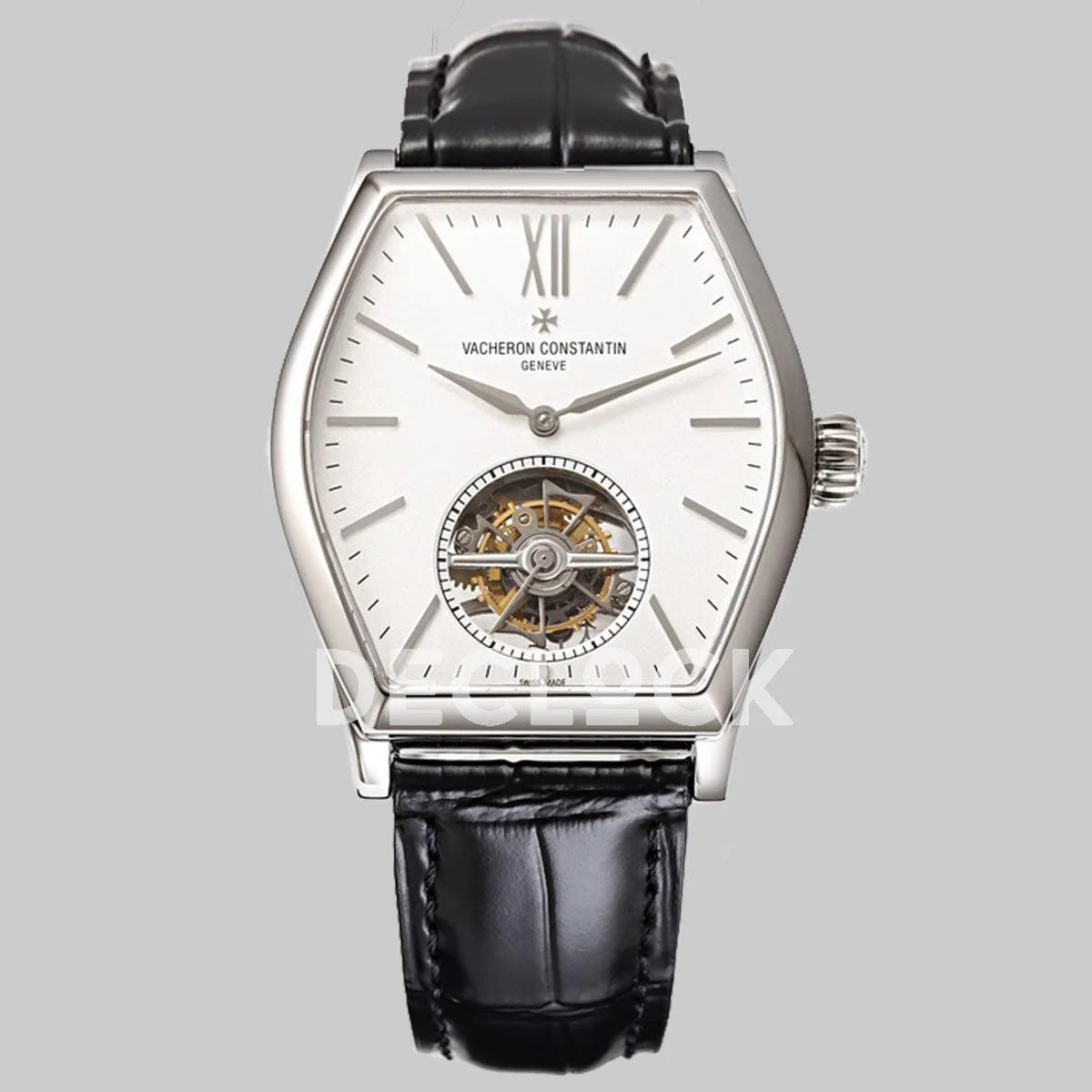 Replica Vacheron Constantin Malte Tourbillon Steel on White Dial on Black Croco Leather Strap