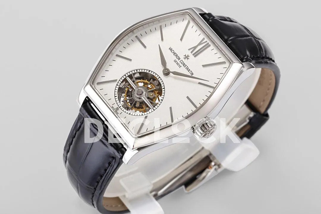 Replica Vacheron Constantin Malte Tourbillon Steel on White Dial on Black Croco Leather Strap