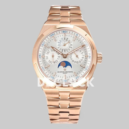Replica Vacheron Constantin Overseas Perpetual Calendar Rose Gold on Silver Dial |  Declock.