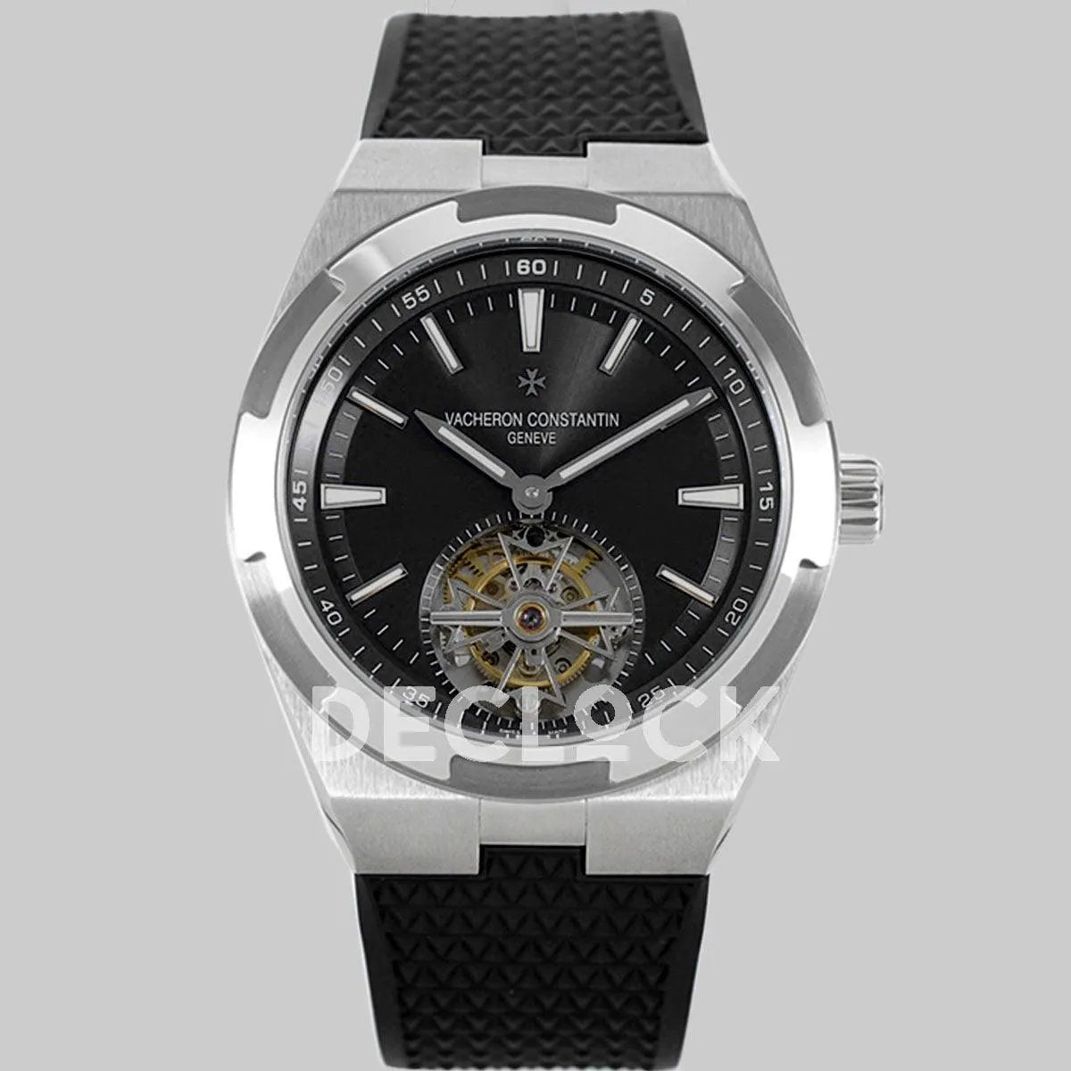 Replica Vacheron Constantin Overseas Tourbillion Black Dial in Steel on Black Rubber