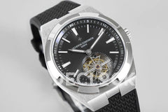 Replica Vacheron Constantin Overseas Tourbillion Black Dial in Steel on Black Rubber