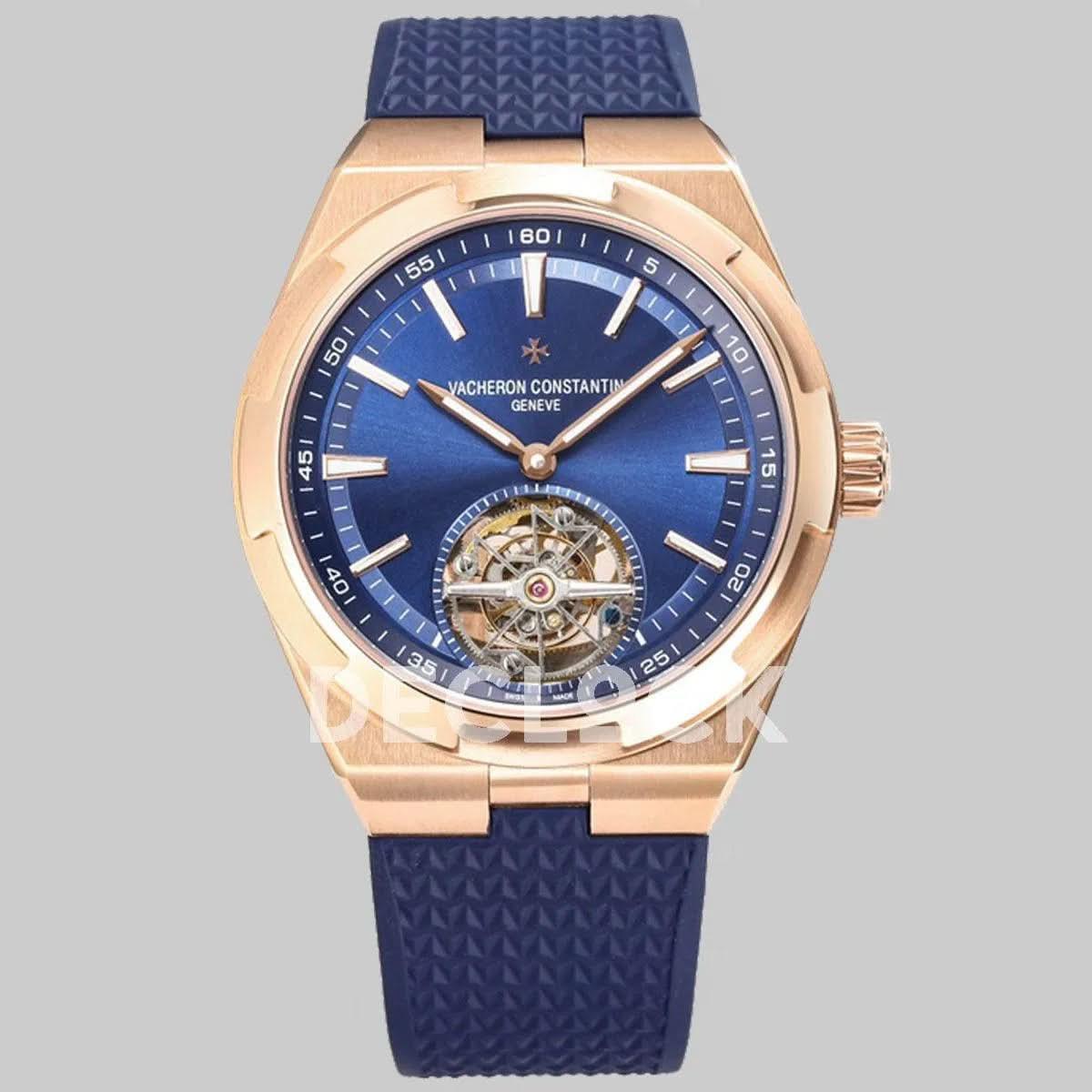 Replica Vacheron Constantin Overseas Tourbillion Blue Dial in Rose Gold on Blue Rubber |  Declock.