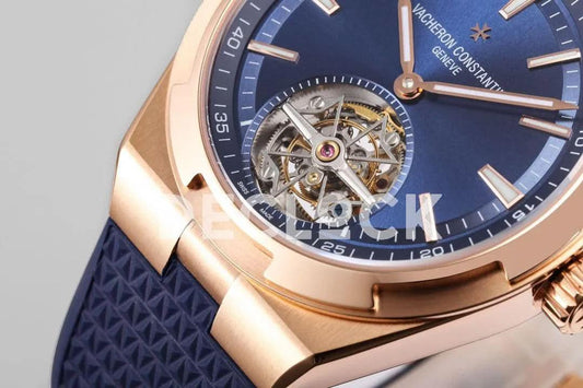 Replica Vacheron Constantin Overseas Tourbillion Blue Dial in Rose Gold on Blue Rubber | Declock.