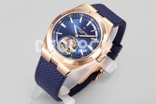 Replica Vacheron Constantin Overseas Tourbillion Blue Dial in Rose Gold on Blue Rubber | Declock.